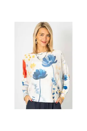 Look Mode Italian Floral Batwing Sweater  Blue & Sunset Bloom