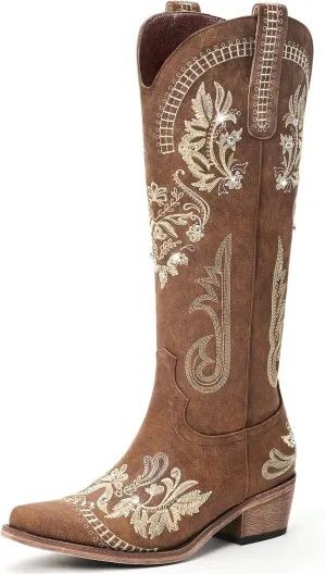 Lumeheel Cowboy Boots for Women - Knee High Western Cowgirl Boots, Sparkly Rhinestone Retro Country Boots with Classic Embroidered, Pointed Toe Chunky Heel Pull on Zipper Fashion Vintage Tall Boots