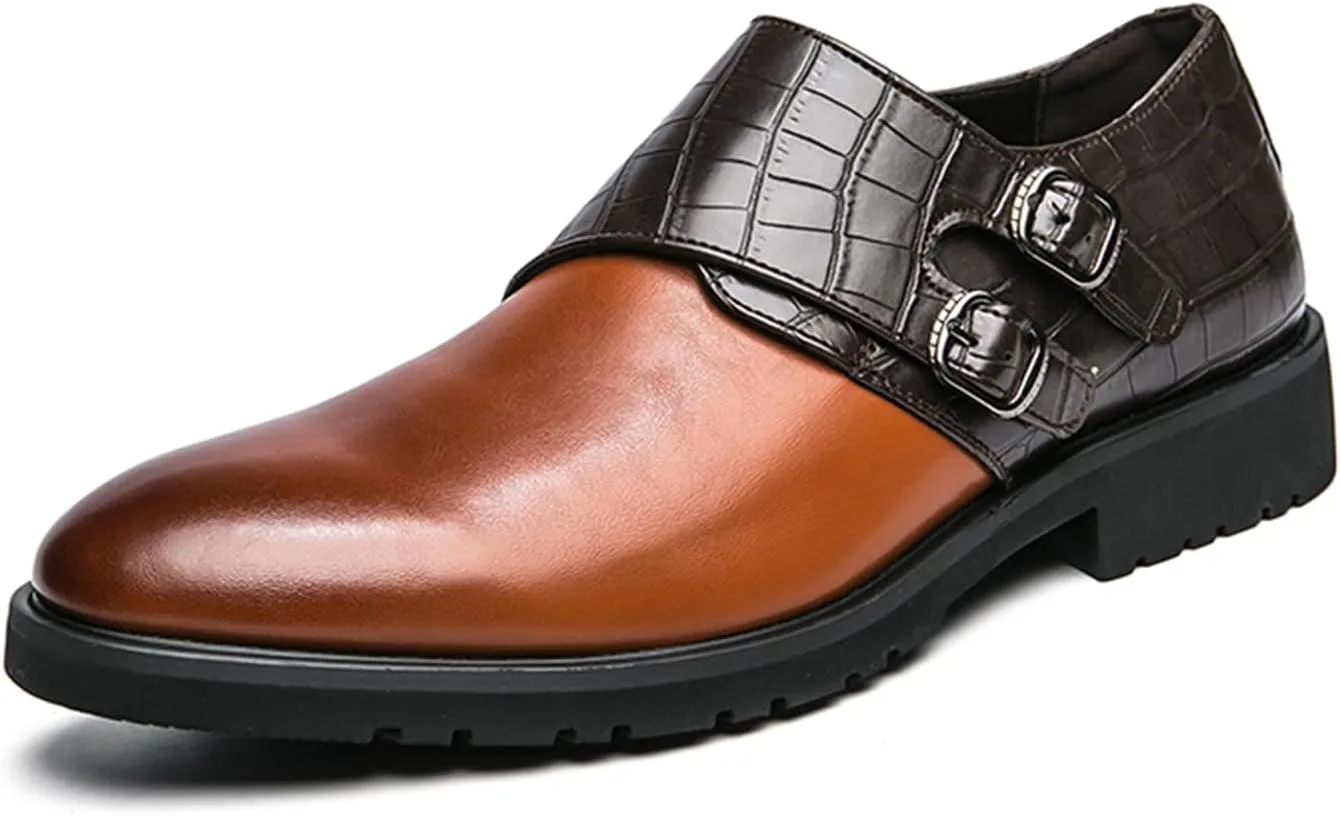 Mens Double Monk Strap Slip on Loafer Leather Formal Business Casual Comfortable Dress Shoes for Men