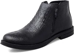 Men's Genuine Leather Alligator Printed Low Heel Ankle Boots Fashion Round Toe Side Zipper Business Dress Booties for Office Work