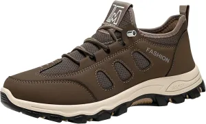 Men's Hiking Waterproof Casual Breathable Mesh Leather Outdoor Lightweight Comfortable Non Slip Walking Work Mountaineering Shoes with Adjustable Lace Arch Support