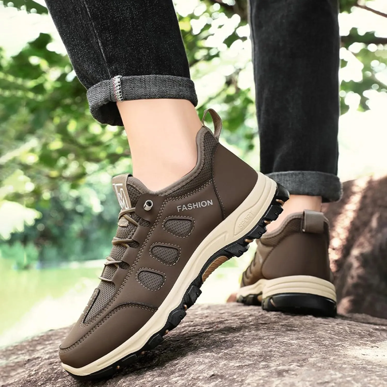 Men's Hiking Waterproof Casual Breathable Mesh Leather Outdoor Lightweight Comfortable Non Slip Walking Work Mountaineering Shoes with Adjustable Lace Arch Support