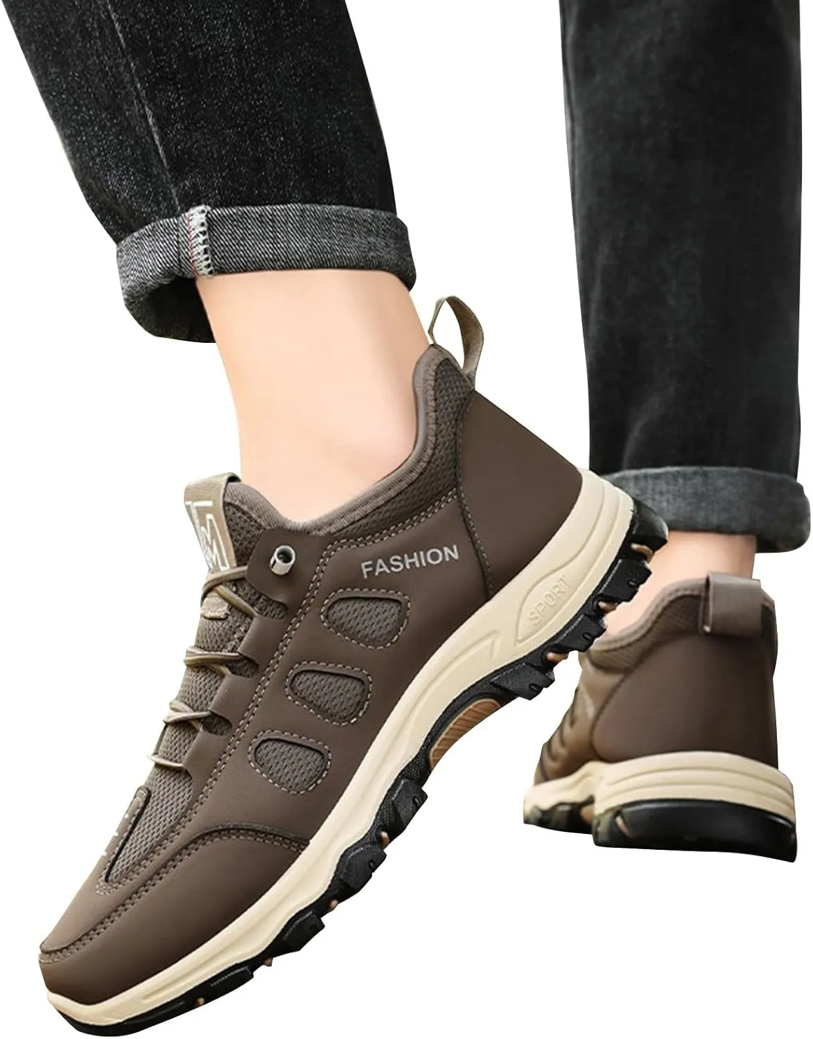 Men's Hiking Waterproof Casual Breathable Mesh Leather Outdoor Lightweight Comfortable Non Slip Walking Work Mountaineering Shoes with Adjustable Lace Arch Support