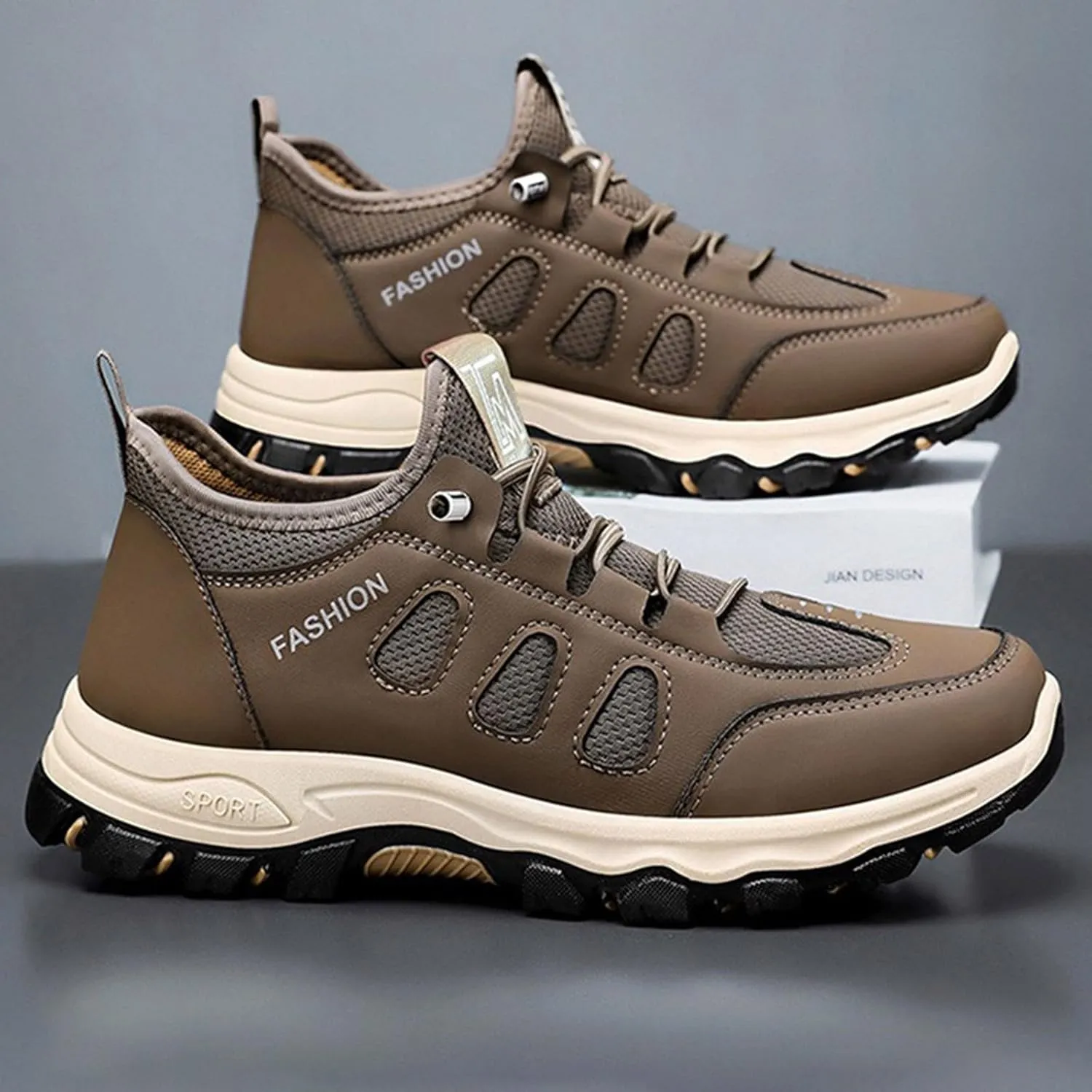 Men's Hiking Waterproof Casual Breathable Mesh Leather Outdoor Lightweight Comfortable Non Slip Walking Work Mountaineering Shoes with Adjustable Lace Arch Support