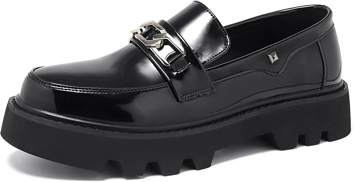 Men's Leather Platform Slip-On Penny Loafers Fashion Luxury Round Toe Non-Slip Lug Sole Business Dress Shoes for Party Wedding Office Work Shoes