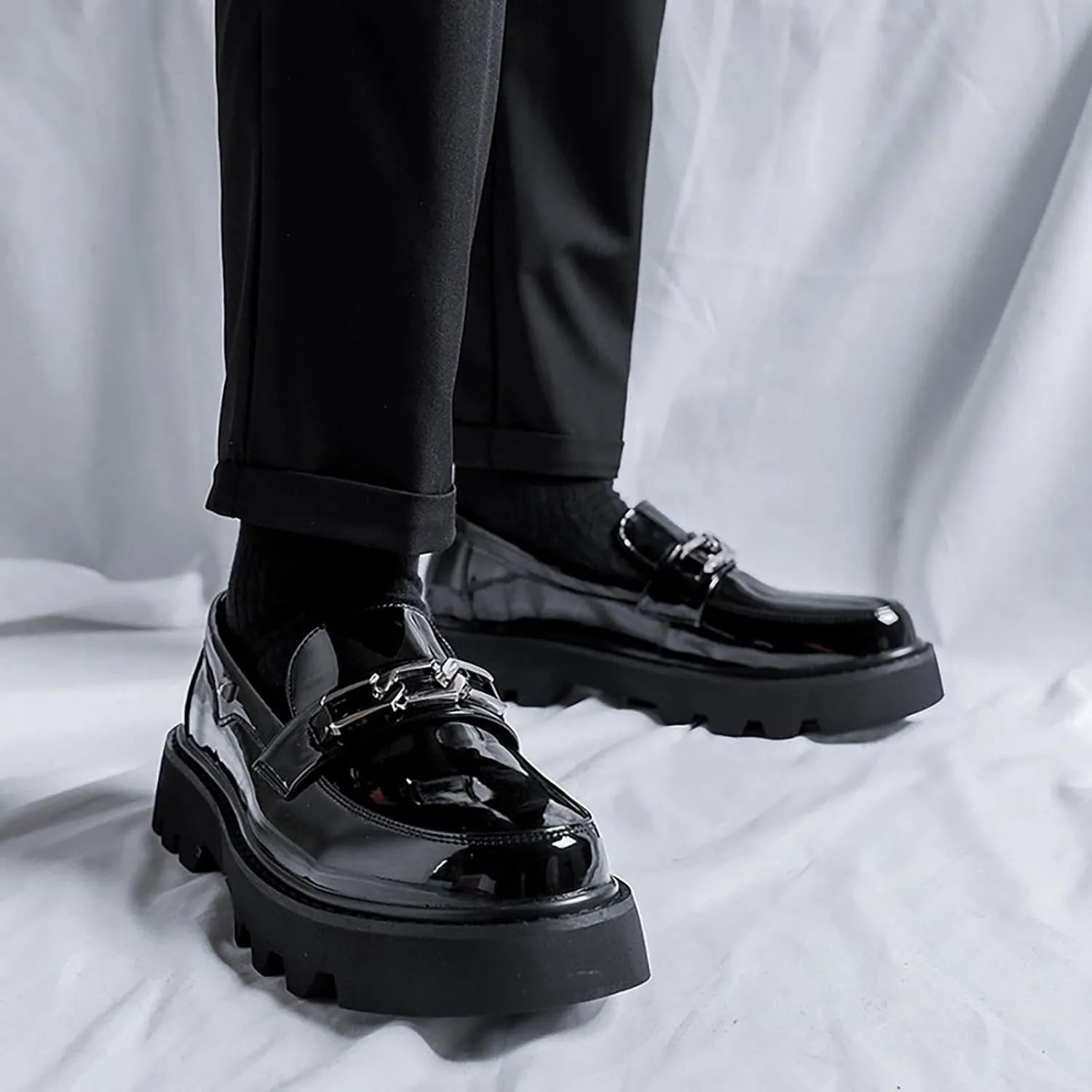Men's Leather Platform Slip-On Penny Loafers Fashion Luxury Round Toe Non-Slip Lug Sole Business Dress Shoes for Party Wedding Office Work Shoes