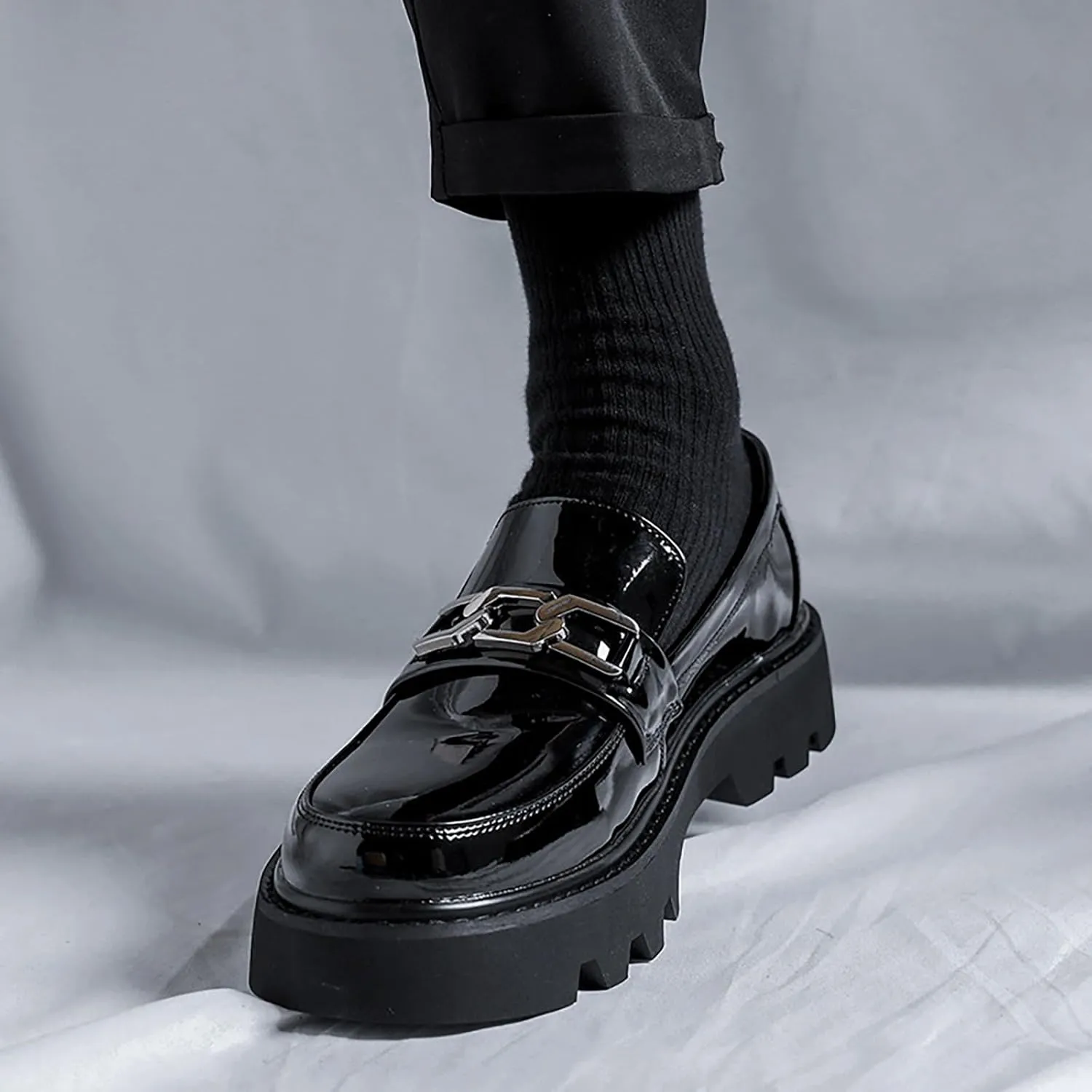 Men's Leather Platform Slip-On Penny Loafers Fashion Luxury Round Toe Non-Slip Lug Sole Business Dress Shoes for Party Wedding Office Work Shoes