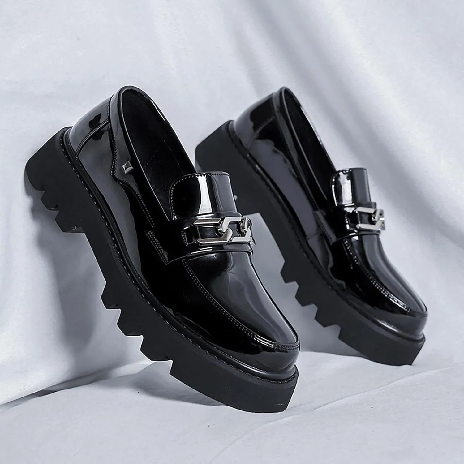 Men's Leather Platform Slip-On Penny Loafers Fashion Luxury Round Toe Non-Slip Lug Sole Business Dress Shoes for Party Wedding Office Work Shoes