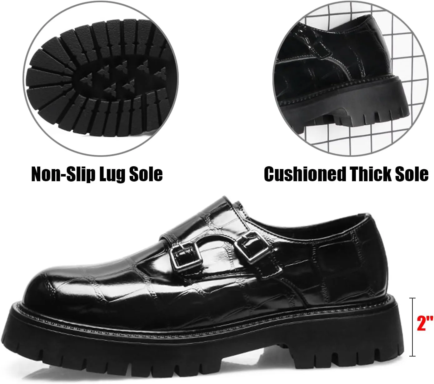 Men's Leather Printed Platform Monk Buckles Dress Loafers Fashion Round Toe Chunky Block Heel Non-Slip Slip-On Formal Business Shoes for Wedding Party Work
