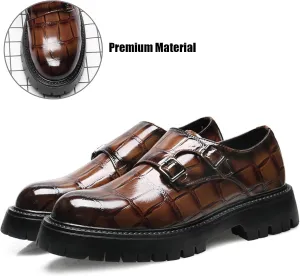 Men's Leather Printed Platform Monk Buckles Dress Loafers Fashion Round Toe Chunky Block Heel Non-Slip Slip-On Formal Business Shoes for Wedding Party Work