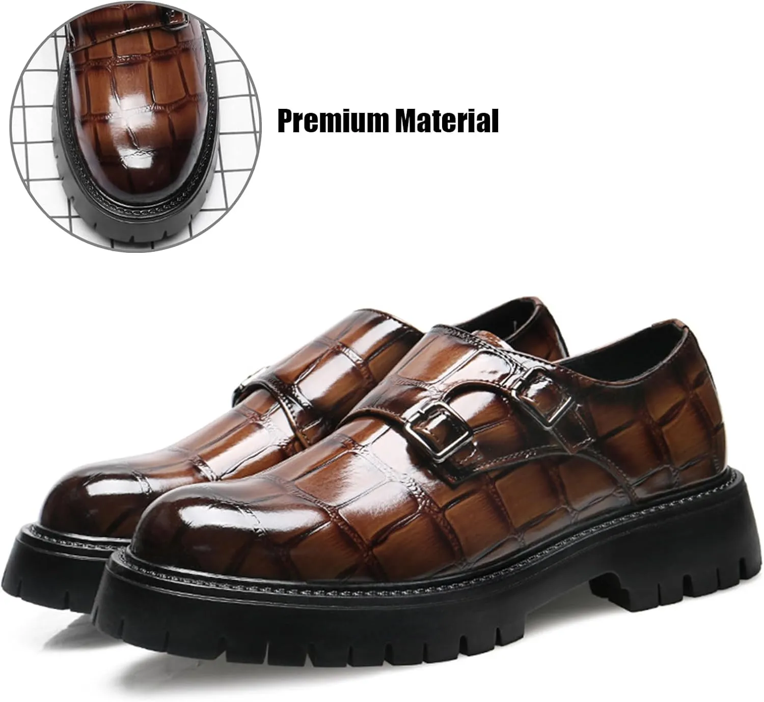 Men's Leather Printed Platform Monk Buckles Dress Loafers Fashion Round Toe Chunky Block Heel Non-Slip Slip-On Formal Business Shoes for Wedding Party Work