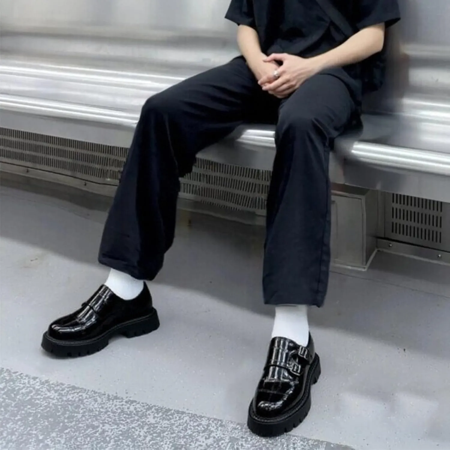 Men's Leather Printed Platform Monk Buckles Dress Loafers Fashion Round Toe Chunky Block Heel Non-Slip Slip-On Formal Business Shoes for Wedding Party Work