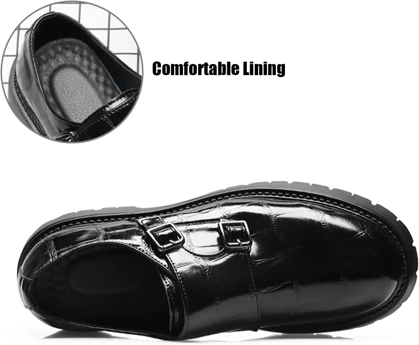 Men's Leather Printed Platform Monk Buckles Dress Loafers Fashion Round Toe Chunky Block Heel Non-Slip Slip-On Formal Business Shoes for Wedding Party Work