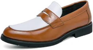 Men's Loafers Round Toe Vegan Leather Two Tone Penny Loafers Slip Resistant Comfortable Flat Heel Fashion Wedding Slip-on(Yellow and White,6.5)