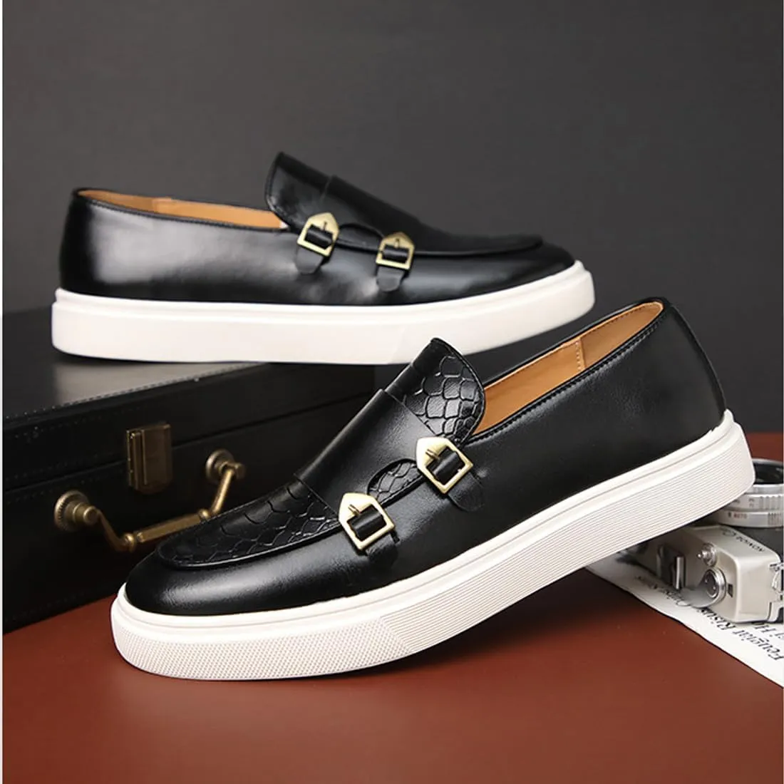 Men's Monk Strap Penny Loafers Leather Casual Slip-on Loafer Boat Shoes Fashion Non-Slip Lightweight Comfortable Walking Shoes