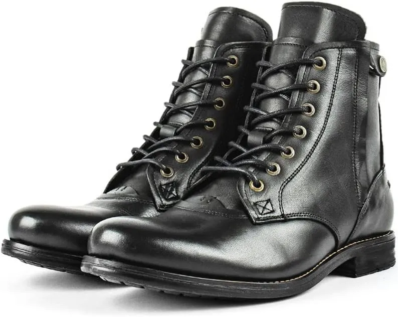 Men's Oxford boots Lace-Up Side Zipper Round Toe Low Heel Leather Boots Military Uniform Cavalry Boots Hiking Boots