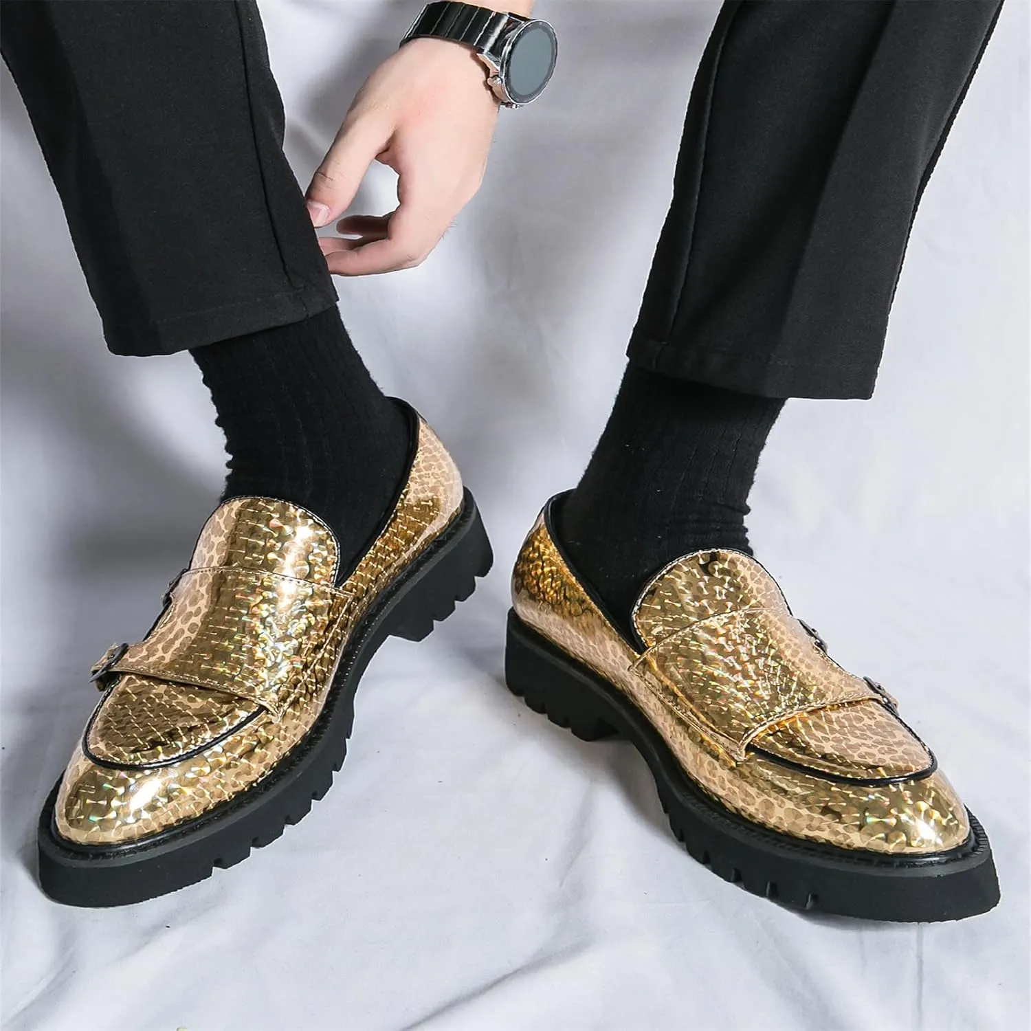 Mens Patent Leather Platform Slip On Loafers with Double Monk Strap Fashion Lug Sole Dress Shoes for Formal Business Party Wedding
