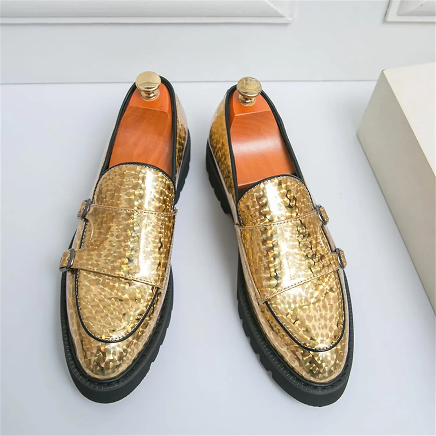 Mens Patent Leather Platform Slip On Loafers with Double Monk Strap Fashion Lug Sole Dress Shoes for Formal Business Party Wedding