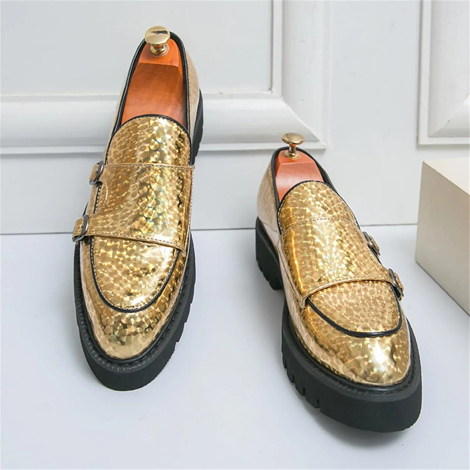 Mens Patent Leather Platform Slip On Loafers with Double Monk Strap Fashion Lug Sole Dress Shoes for Formal Business Party Wedding