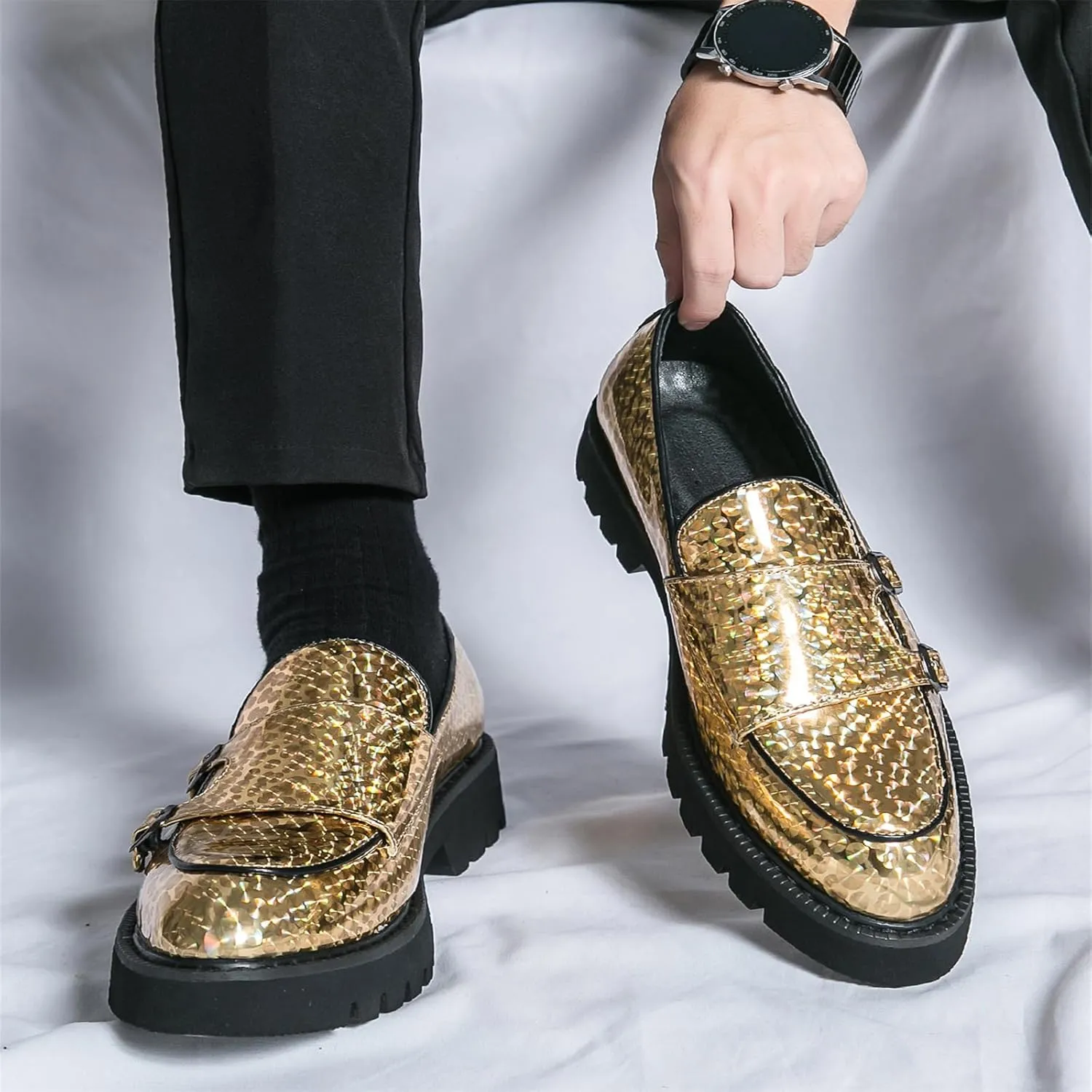 Mens Patent Leather Platform Slip On Loafers with Double Monk Strap Fashion Lug Sole Dress Shoes for Formal Business Party Wedding
