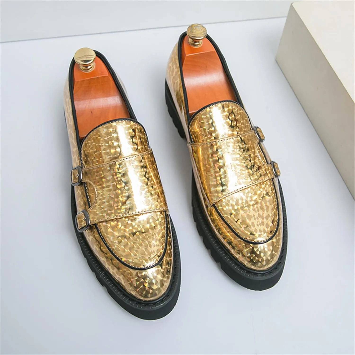 Mens Patent Leather Platform Slip On Loafers with Double Monk Strap Fashion Lug Sole Dress Shoes for Formal Business Party Wedding