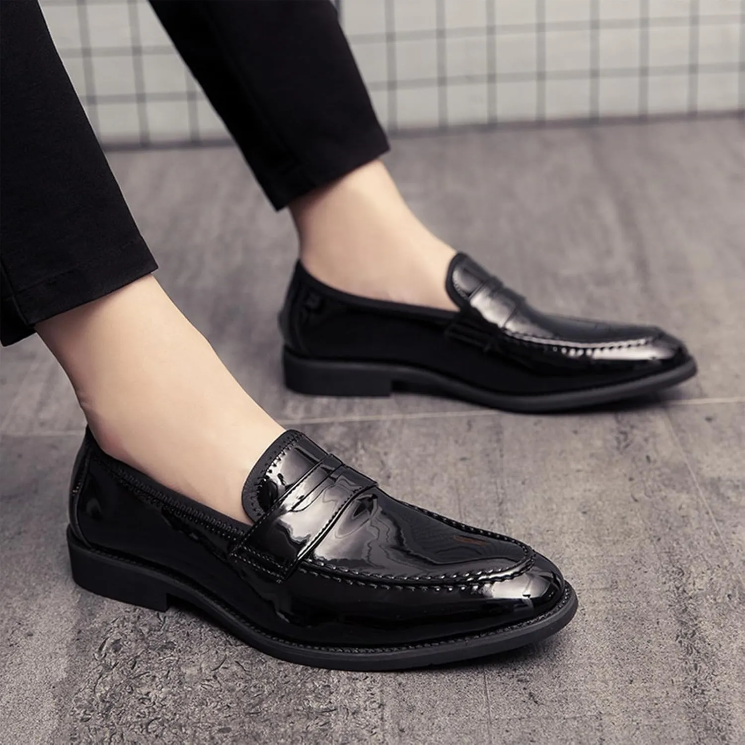 Men's Shiny Faux Patent Leather Penny Loafers Slip-On Formal Dress Shoes