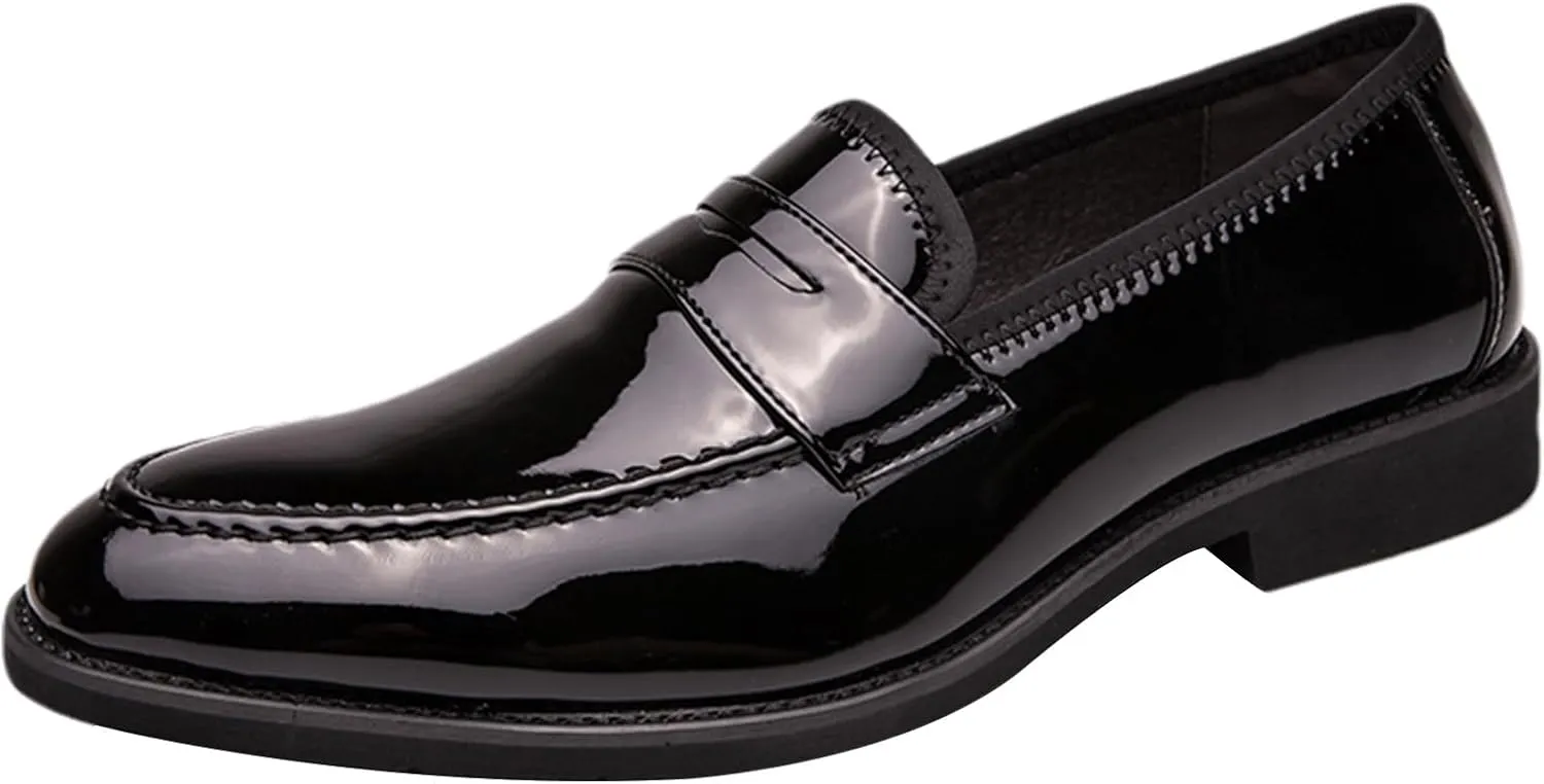 Men's Shiny Faux Patent Leather Penny Loafers Slip-On Formal Dress Shoes