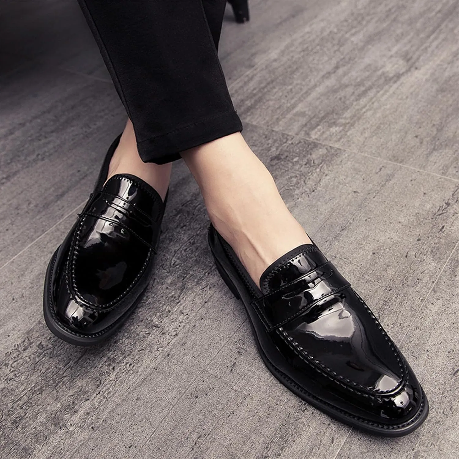 Men's Shiny Faux Patent Leather Penny Loafers Slip-On Formal Dress Shoes