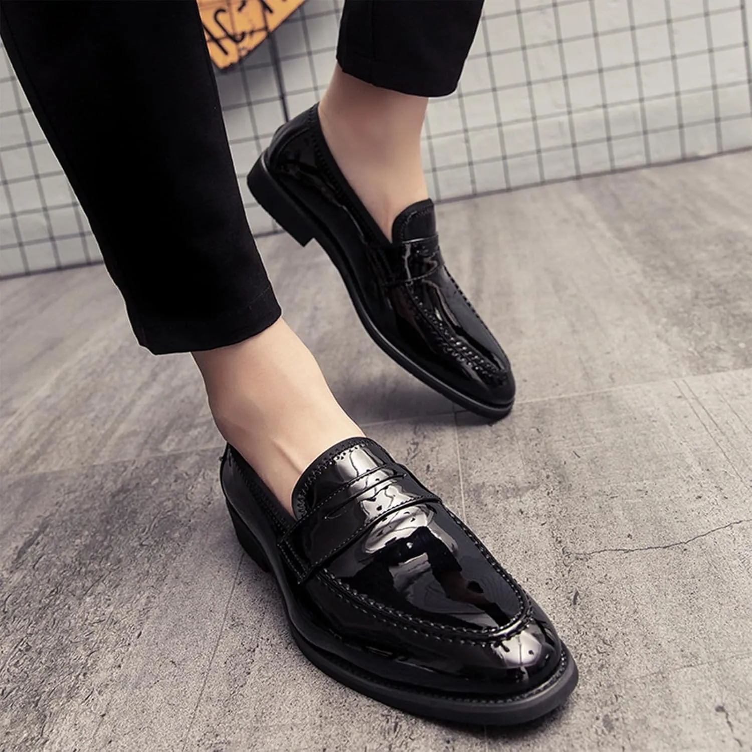 Men's Shiny Faux Patent Leather Penny Loafers Slip-On Formal Dress Shoes