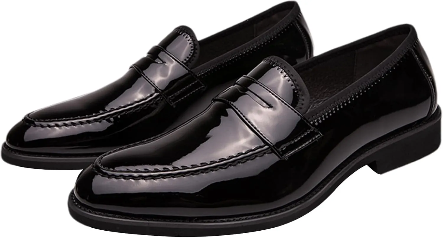 Men's Shiny Faux Patent Leather Penny Loafers Slip-On Formal Dress Shoes