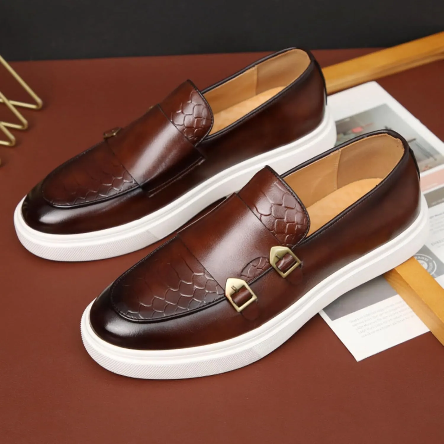 Mens Weave Leather Slip-On Loafers with Double Strap Casual Retro Platform Formal Business Prom Flats Non-Slip Penny Monk Shoes