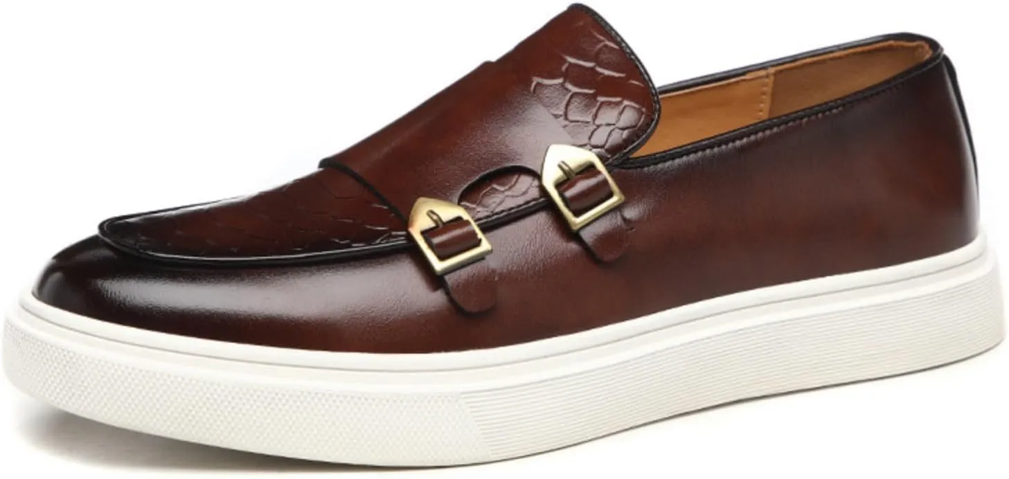 Mens Weave Leather Slip-On Loafers with Double Strap Casual Retro Platform Formal Business Prom Flats Non-Slip Penny Monk Shoes