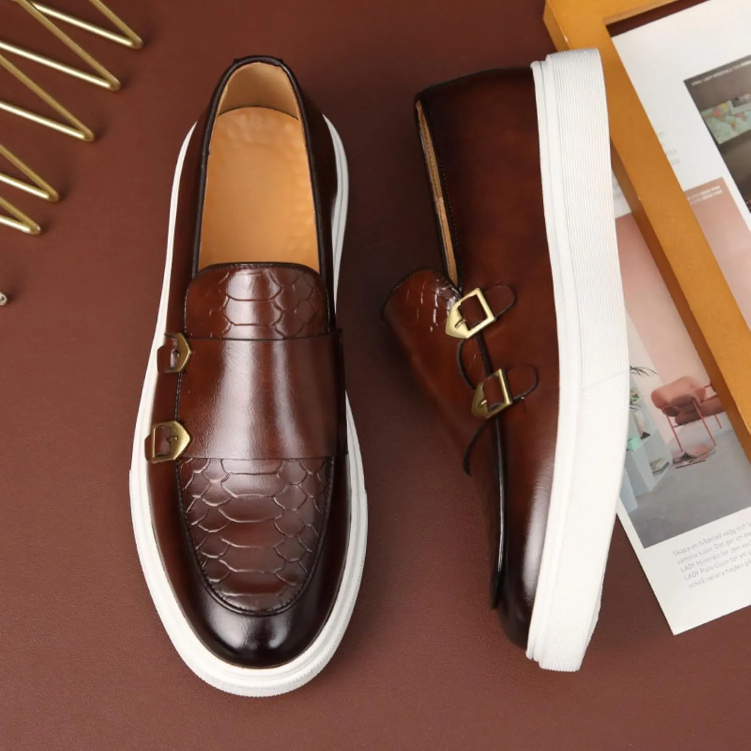 Mens Weave Leather Slip-On Loafers with Double Strap Casual Retro Platform Formal Business Prom Flats Non-Slip Penny Monk Shoes