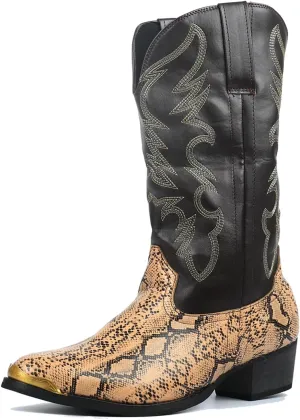 Mens Western Boots - Pull On Leather Cowboy Boots with Steel Toe and Pointed Toe - For Men's Work and Party Dress Up