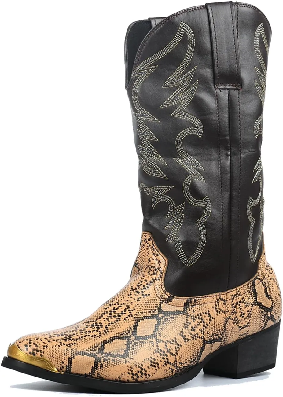 Mens Western Boots - Pull On Leather Cowboy Boots with Steel Toe and Pointed Toe - For Men's Work and Party Dress Up