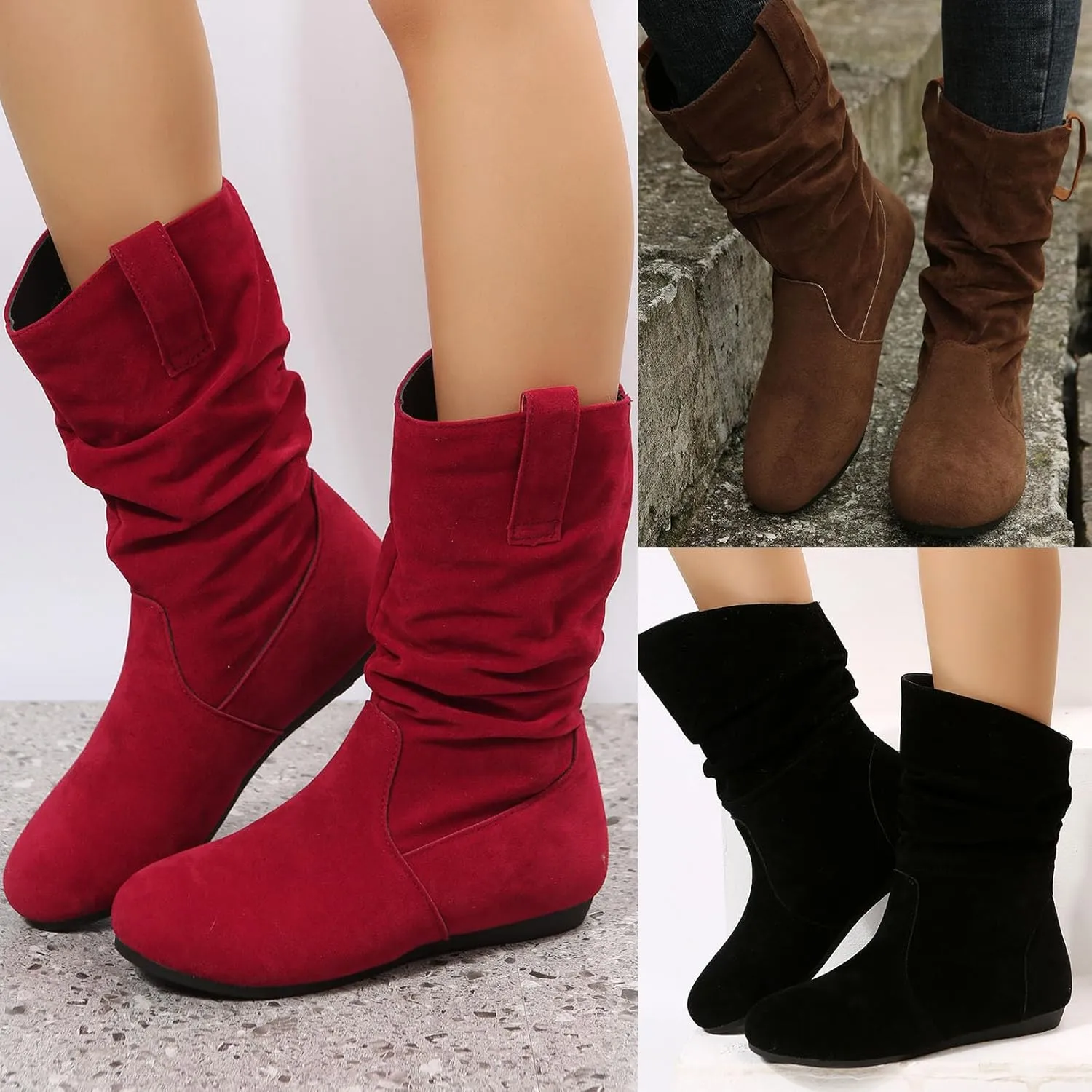 Mid Calf Boots for Women Fall Boots Ladies Fashion Solid Colour Round Toe Suede Flat Bottom Sleeve Mid Calf Boots