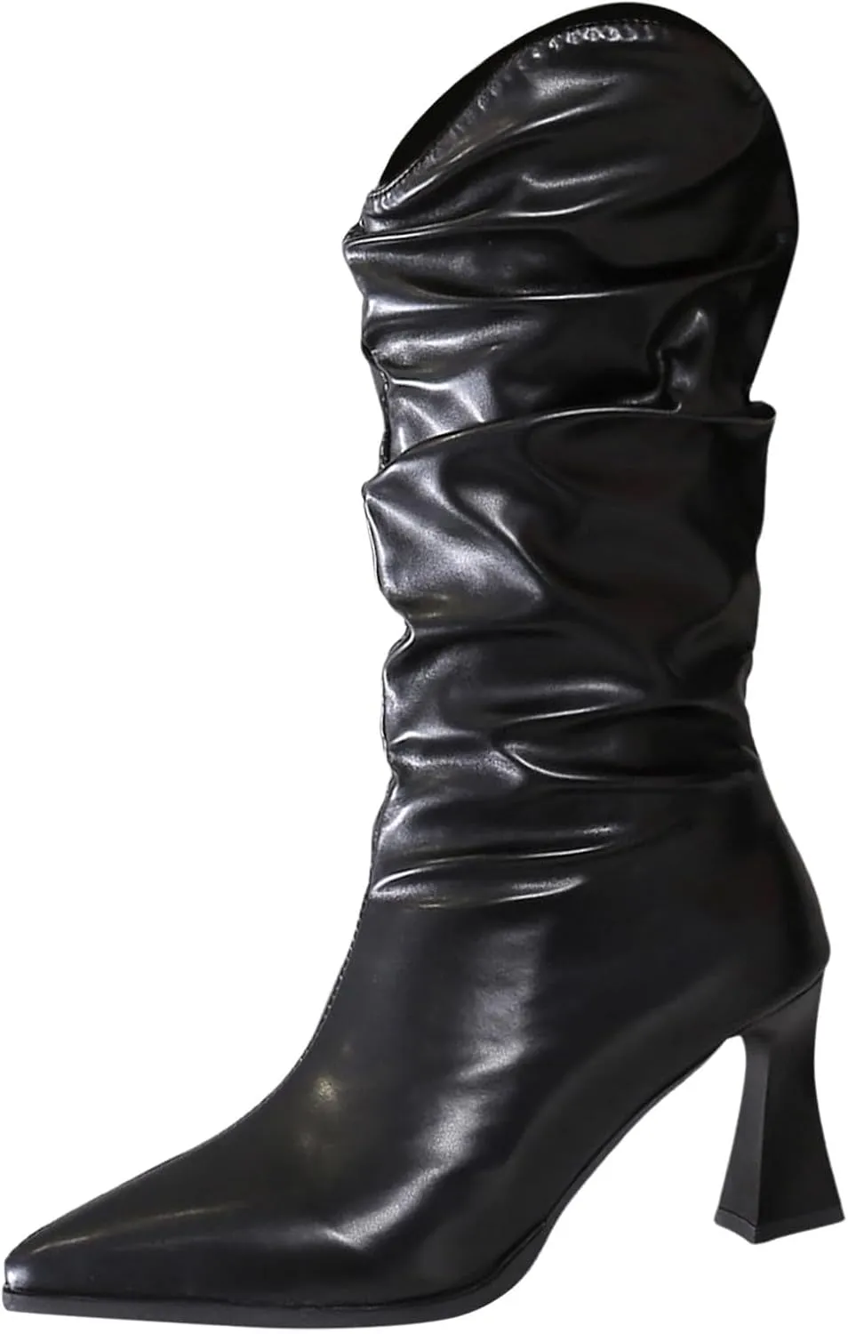 Mid Calf Boots for Women Fall Boots Ladies Pleated Wineglass Heel Pointed Toe Western Simple Solid Colour Mid Calf