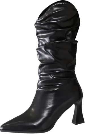 Mid Calf Boots for Women Fall Boots Ladies Pleated Wineglass Heel Pointed Toe Western Simple Solid Colour Mid Calf