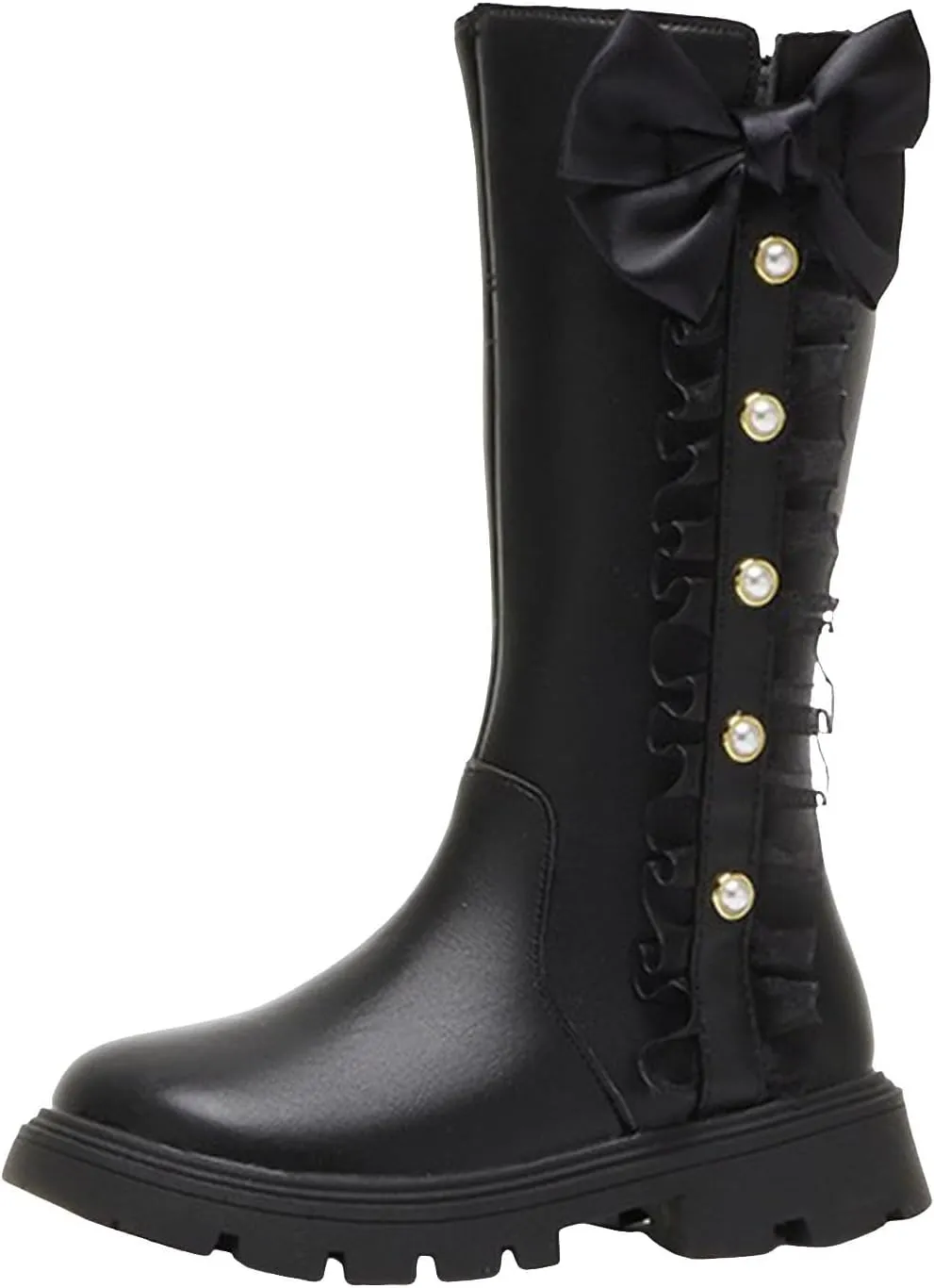 Mid Calf Girls Kids Boots Side Zipper Combat Boots Faux Leather Motorcycle Boots Breathable Low Heel Winter Shoes