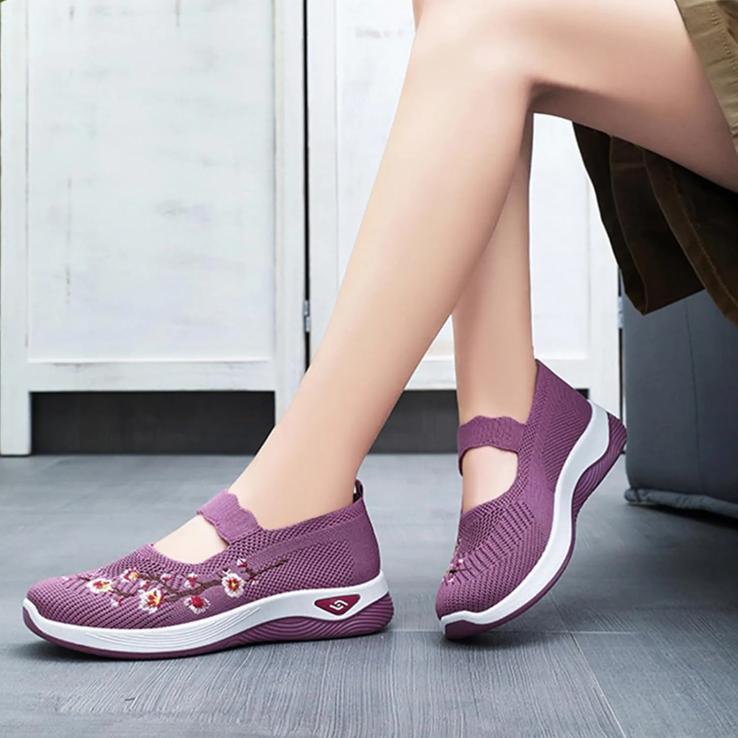 Orthopedic Sneakers for Women Arch Support Embroidery Sneakers Non-Slip Walking Nurse Shoes Breathable Slip-On Athletic Tennis Sneaker Comfortable Casual Diabetic Shoes