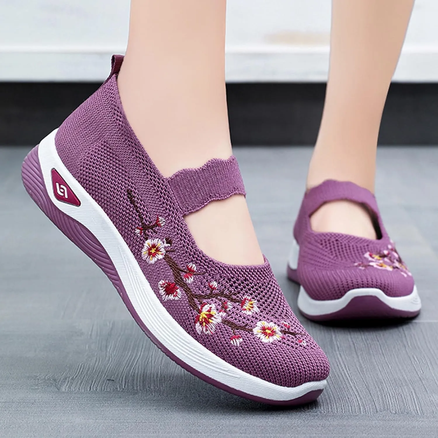 Orthopedic Sneakers for Women Arch Support Embroidery Sneakers Non-Slip Walking Nurse Shoes Breathable Slip-On Athletic Tennis Sneaker Comfortable Casual Diabetic Shoes