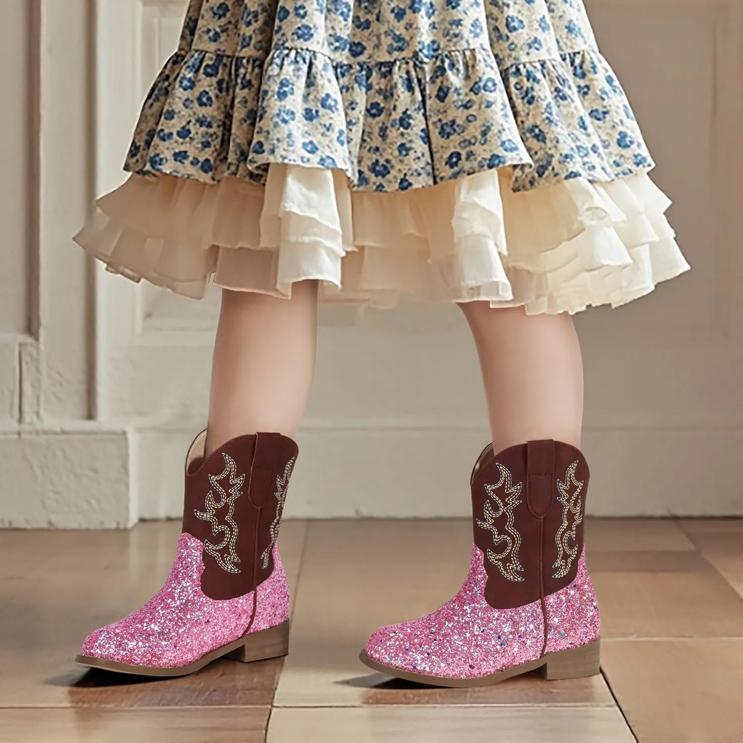 PANDANINJIA Girls Toddler Cowgirl Boots Riding Round Toe Western Blue Calf High 12 Months
