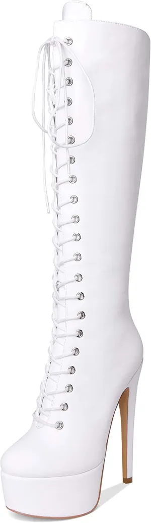 Richealnana Women's Platform Lace Up Stiletto High Heels Knee High Boots