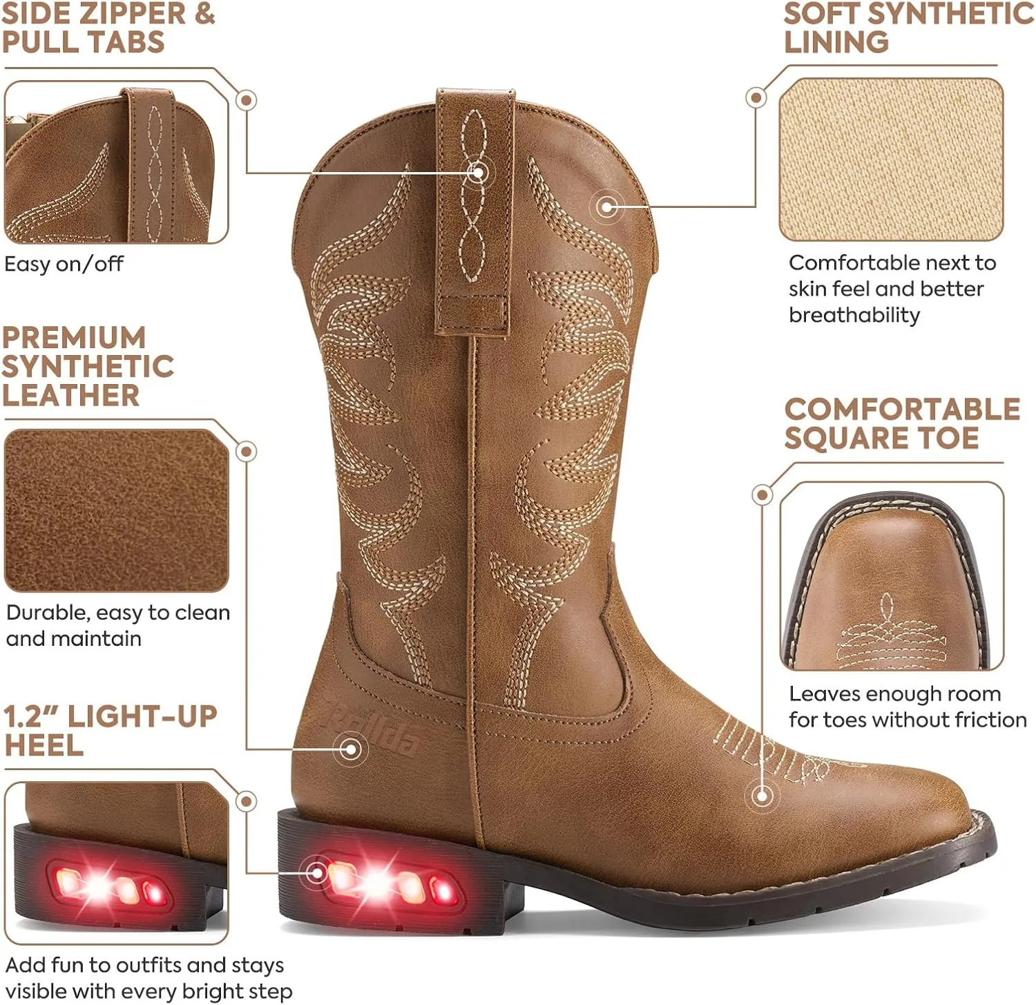 Rollda Toddler Cowboy Boots for Boys Girls Cowgirl Boots Light Up Kids Western Boots for Toddler/Little Kid