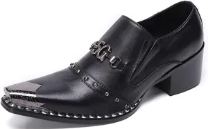 Santimon Men's Dance Loafers Stacked Heel Rivet Decor Plain Genuine Leather Snaffle Bit Metal Cap Toe Fashion Formal Black Suits Shoes
