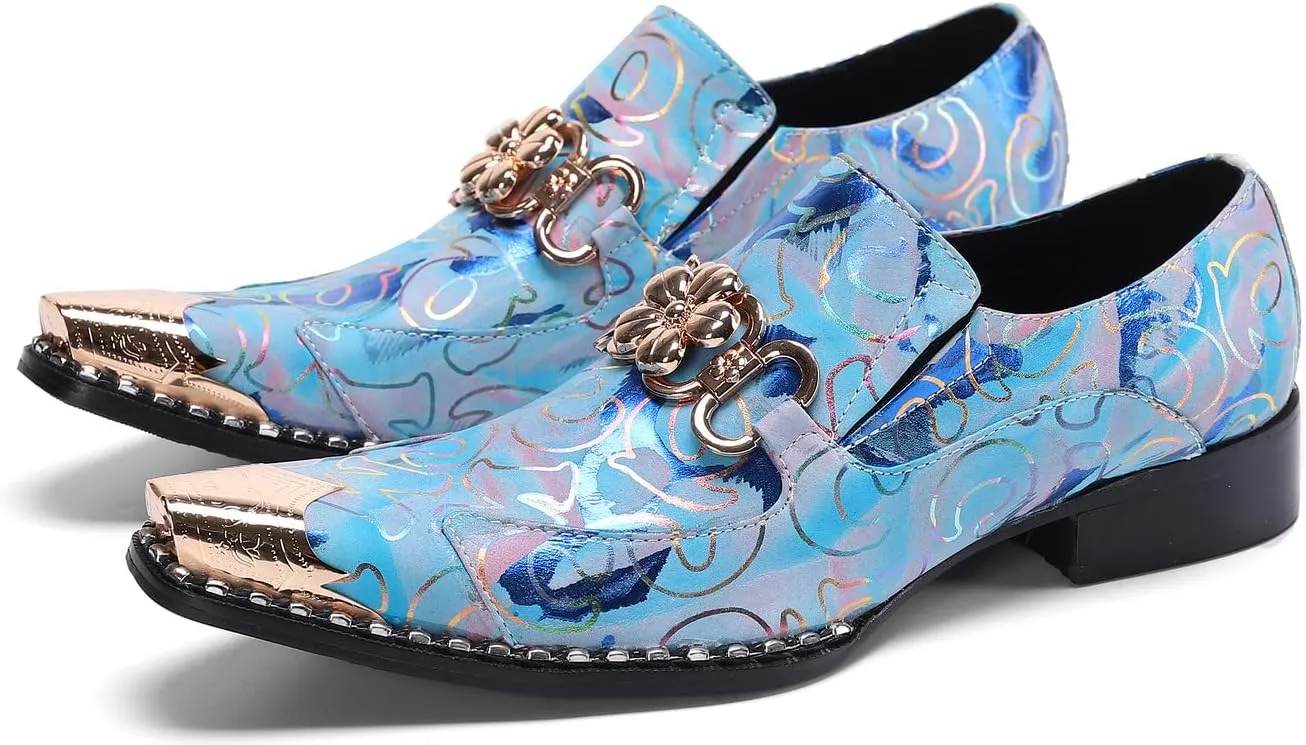 Santimon Mens Genuine Leather Dress Loafers Formal Business Snaffle Floral Bit Comfortable Metallic Cap Slip On Party Shoes