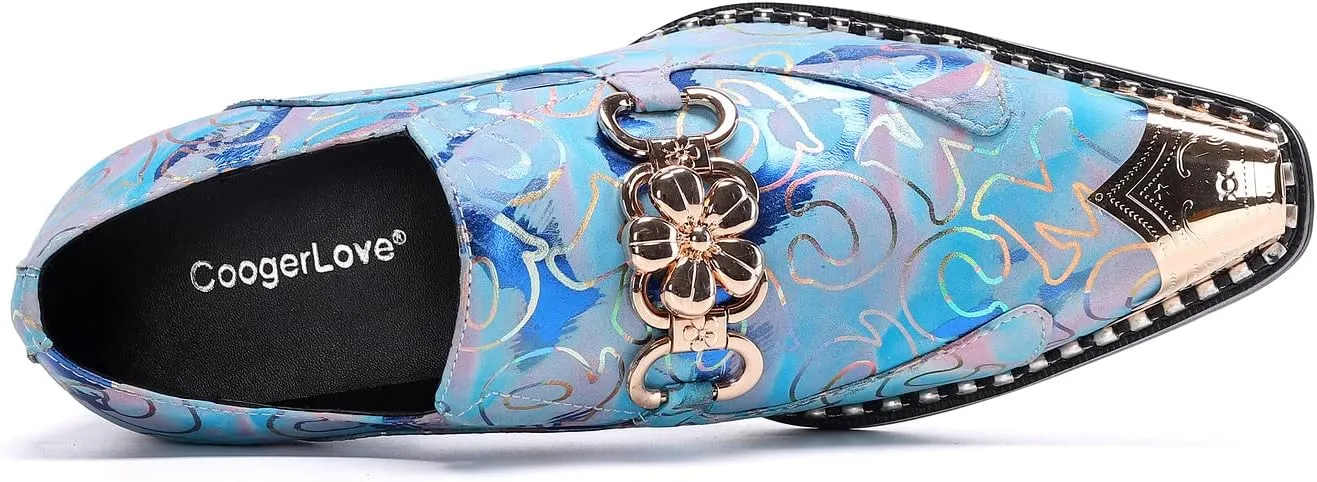 Santimon Mens Genuine Leather Dress Loafers Formal Business Snaffle Floral Bit Comfortable Metallic Cap Slip On Party Shoes