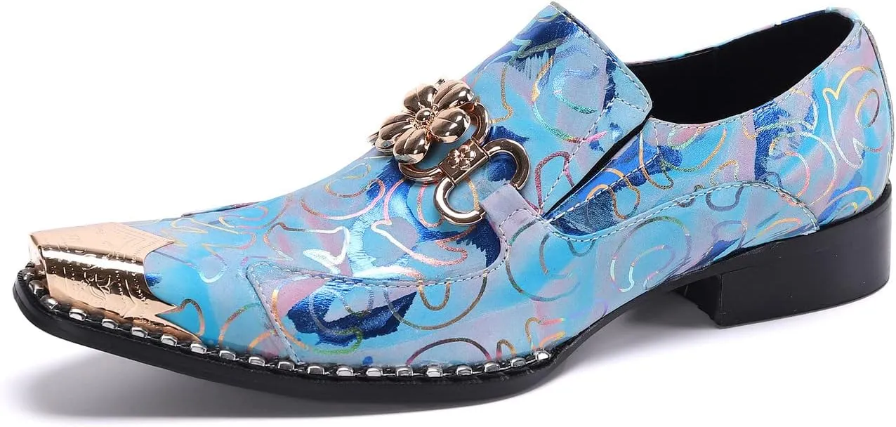 Santimon Mens Genuine Leather Dress Loafers Formal Business Snaffle Floral Bit Comfortable Metallic Cap Slip On Party Shoes