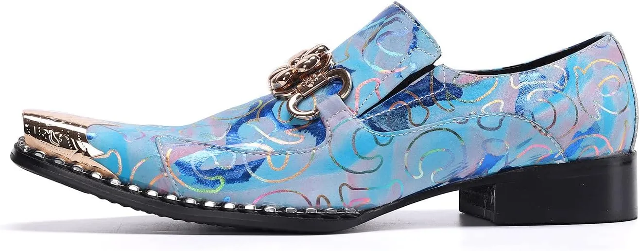 Santimon Mens Genuine Leather Dress Loafers Formal Business Snaffle Floral Bit Comfortable Metallic Cap Slip On Party Shoes