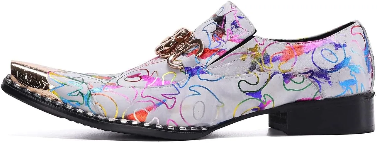 Santimon Mens Genuine Leather Dress Loafers Formal Business Snaffle Floral Bit Comfortable Metallic Cap Slip On Party Shoes